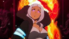 an anime character standing in front of a fire with her hands on her chest and looking at the camera