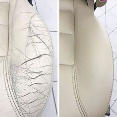 two pictures of the inside of a white leather chair with black stitching on it