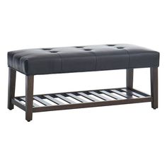 Trendy design meets everyday convenience with our Collins sleek black faux leather bench. The simple lines of the button tufted seat allow for comfort while also adding a bit of mid-century modern flair. The rich black color is inviting and warm and the faux leather seat is perfect for easy cleanup. The deep stain of the wooden slatted shelf frame complements a variety of finishes and room styles, making it the perfect addition to any space needing extra seating. So, gather your friends, pull up Shelf Frame, Bedroom Benches, Affordable Bedroom, Easy Diy Hacks, Room Styles, Leather Bench, Bedroom Bench, Ottoman Bench, Extra Seating