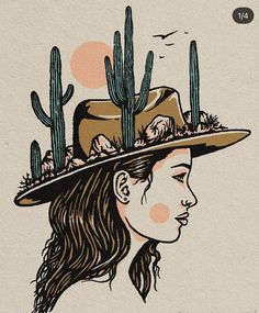 a drawing of a woman wearing a hat with cacti on it