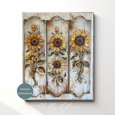 the sunflowers are painted on an old wooden panel