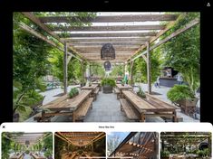 an open air restaurant with wooden tables and benches, surrounded by greenery in the background