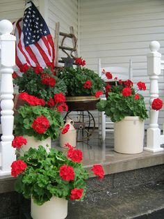 an american flag is on the porch with red carnations and potted geranias