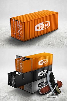 an orange shipping container and two black shoes with the words adidas printed on them