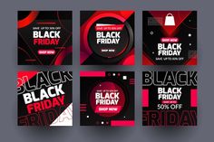 four black friday social media post templates with red and black colors on the sides