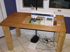 a sewing machine sitting on top of a wooden table