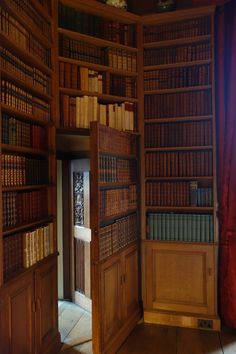 an open door leading to a library filled with lots of book cases and bookshelves