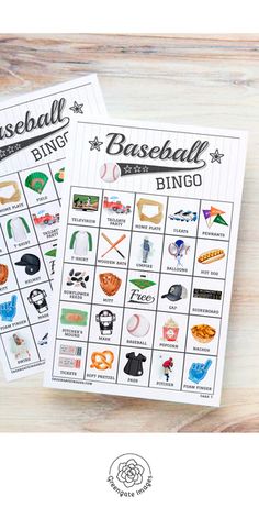 two baseball themed printables are sitting next to each other on a wooden table