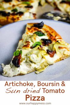 a slice of artichoke, boursin and sun dried tomato pizza on a plate