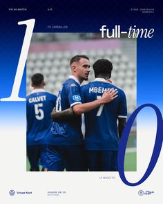 the front cover of full time magazine showing two soccer players hugging each other in blue uniforms