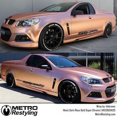 two pictures of a pink car with black rims and chrome lettering on the side