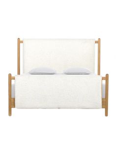 a white bed with two pillows on it's headboard and foot board, in front of a white background