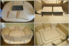 four different views of the inside of a cardboard box with various parts cut out and placed on top