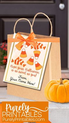 an orange and white pumpkin sitting next to a brown paper bag