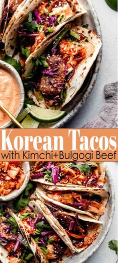 korean tacos with kimchi and bulgogi beef on a platter