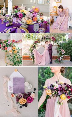 a collage of photos with flowers and other things in them, including a bride's dress