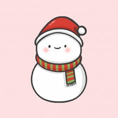 a cartoon snowman wearing a santa hat and scarf with a smile on it's face