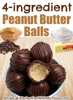 chocolate covered peanut butter balls in a bowl with ingredients to make them look like they are dipped