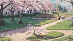 a painting of a park with trees, flowers and a bridge in the background that has pink blossoms on it