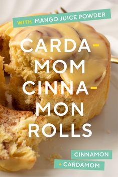 a cinnamon roll on a white plate with the words carda mom, cinnamon rolls