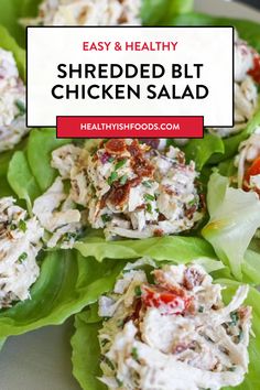 chicken salad on lettuce leaves with text overlay