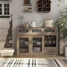 a kitchen with wooden cabinets and shelves filled with dishes