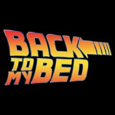 the back to my bed logo in red and yellow on a black background with an arrow pointing