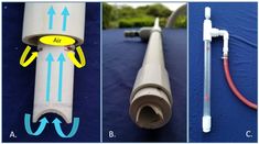 three different types of air hoses on a blue surface with arrows pointing up and down