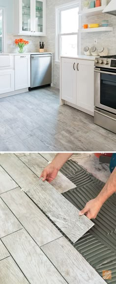 two pictures of the same kitchen floor with different types of tiles on it and in between