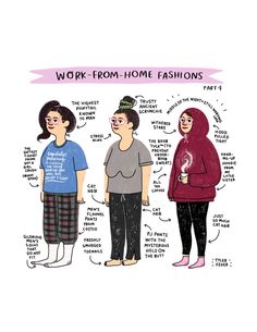 three women in pajamas standing next to each other with the words work from home fashions on