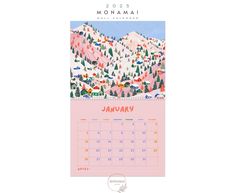 a calendar with mountains and trees on it