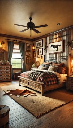 a bedroom with a bed, dressers and pictures on the wall