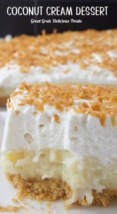 a close up of a dessert on a plate with the words coconut cream desert in the background