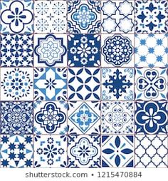 blue and white tiles with different designs on them stock photo, images and royalty illustrations