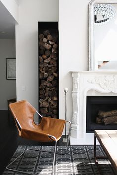 a living room filled with furniture and a fire place in front of a white fireplace