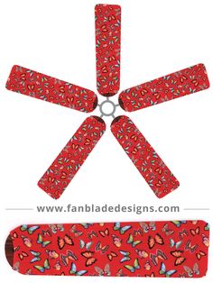 four red butterflies are attached to the blades of a ceiling fan, and one has two different designs on it