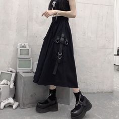 ProductNo SP220112T5J1 Fit Regular Design Elements Ribbon Occasion Daily,Casual Skirt Length Midi Style Hip Hop Material Polyester Season All Season Yards (cm) M L XL waistline 64 66 68 Skirt Length 78 80 82 Techwear Skirt, Grown Up Goth, Blokette Core, Yoji Yamamoto, Cargo Skirts, Long Black Skirt, Grunge Skirt, Gothic Skirt, Witch Core