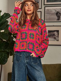 Timeless Crochet Patchwork Round Neck Long Sleeve Sweater Top-Women's Clothing-Shop Z & Joxa Unique Sweater, Patchwork Sweater, Unique Sweaters, Boho Crochet, Patchwork Designs, Crochet Sweater, Sheer Fabrics, Fall And Winter, Winter Wardrobe