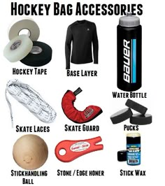 hockey bag accessories including water bottle, skateboard, gloves and other sports equipment are shown