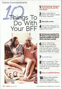 an advertisement with two women sitting on a bed and the words 10 things to do with your bf