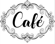 the word cafe written in black ink on a white background with an ornate frame around it