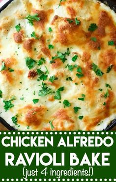 chicken alfredo ravioli bake with parsley on top