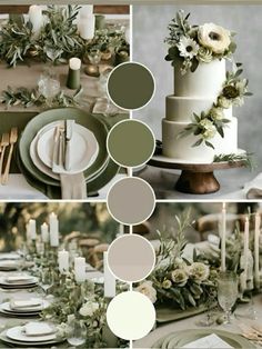 the table is set with green and white plates, candles, flowers and greenery