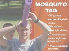 a man holding a purple object over his head with the words mosquito tag on it