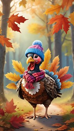 a turkey wearing a blue hat and scarf standing in the middle of a leaf filled forest