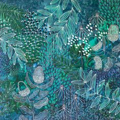 a painting of leaves and plants on a blue background with white dots in the center