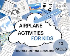 the airplane activities for kids are displayed on top of a blue sky with clouds in the background