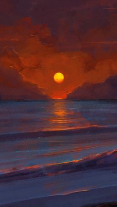 an oil painting of the sun setting over the ocean