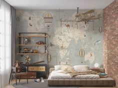 a bedroom with a map wallpaper and lots of toys on the bed in front of it