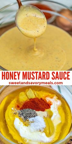 honey mustard sauce in a glass bowl with spices and seasoning on the spoon over it